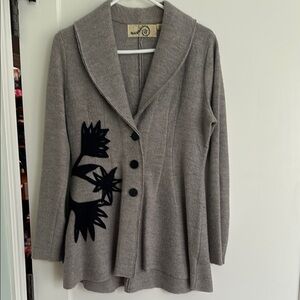 Anthropologie Gray Button-Up Blazer/Cardigan wool Black Floral Design